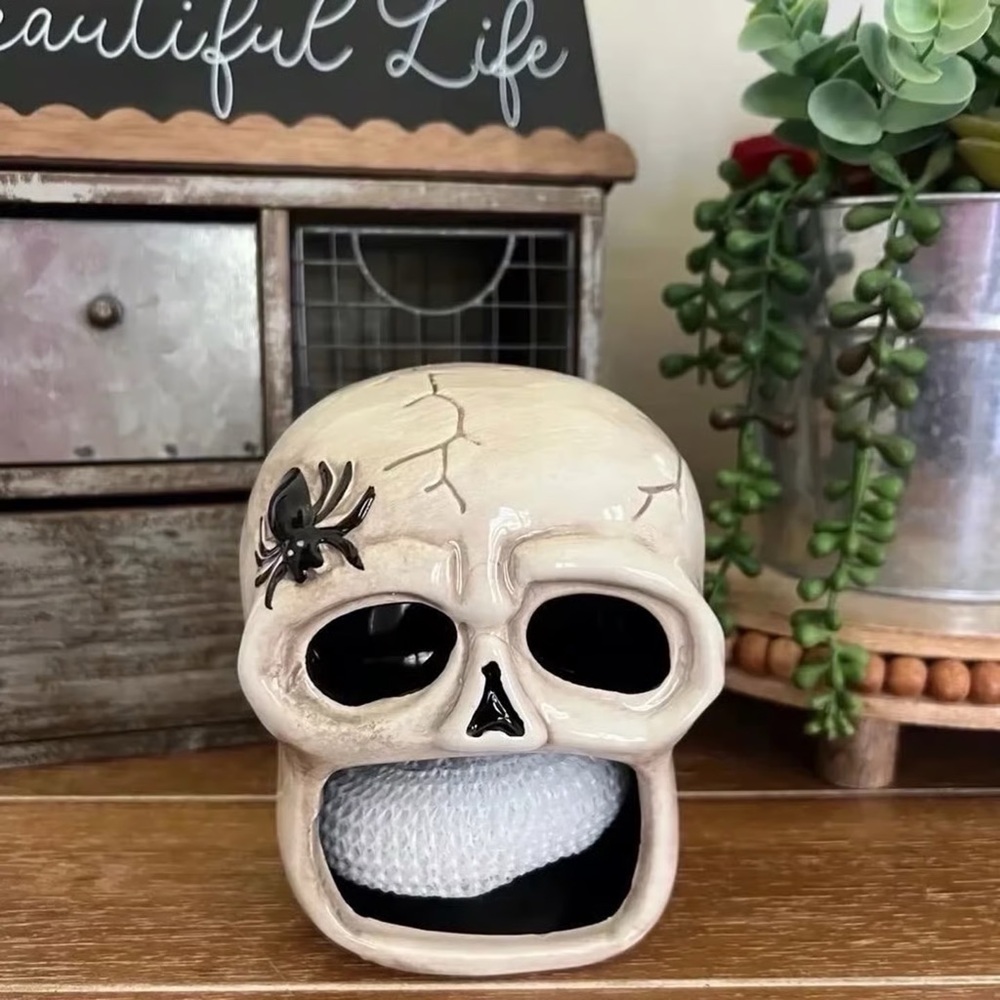 New Gothic Skull With Spider Ceramic Sponge Holder Set